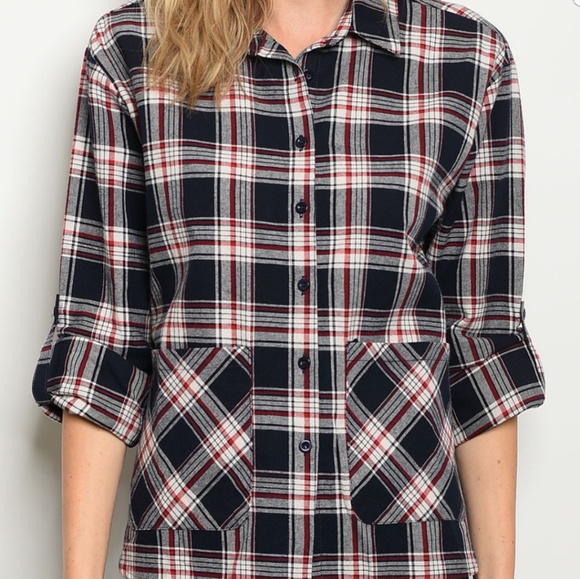 Cotton Plaid Button Down Shirt with Pockets NWOT - Picture 3 of 8